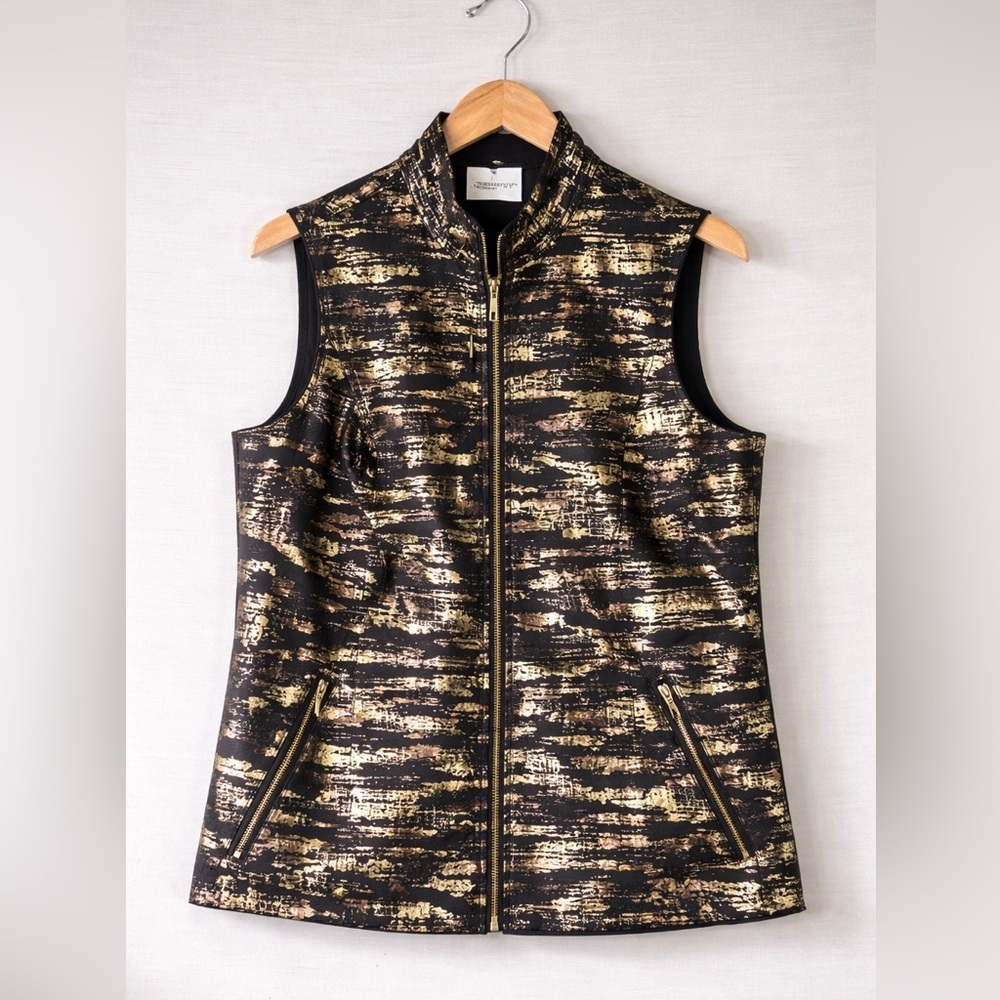 Chico’s Zenergy Gold Foil Vest Black Zip Statement Layer Size 2